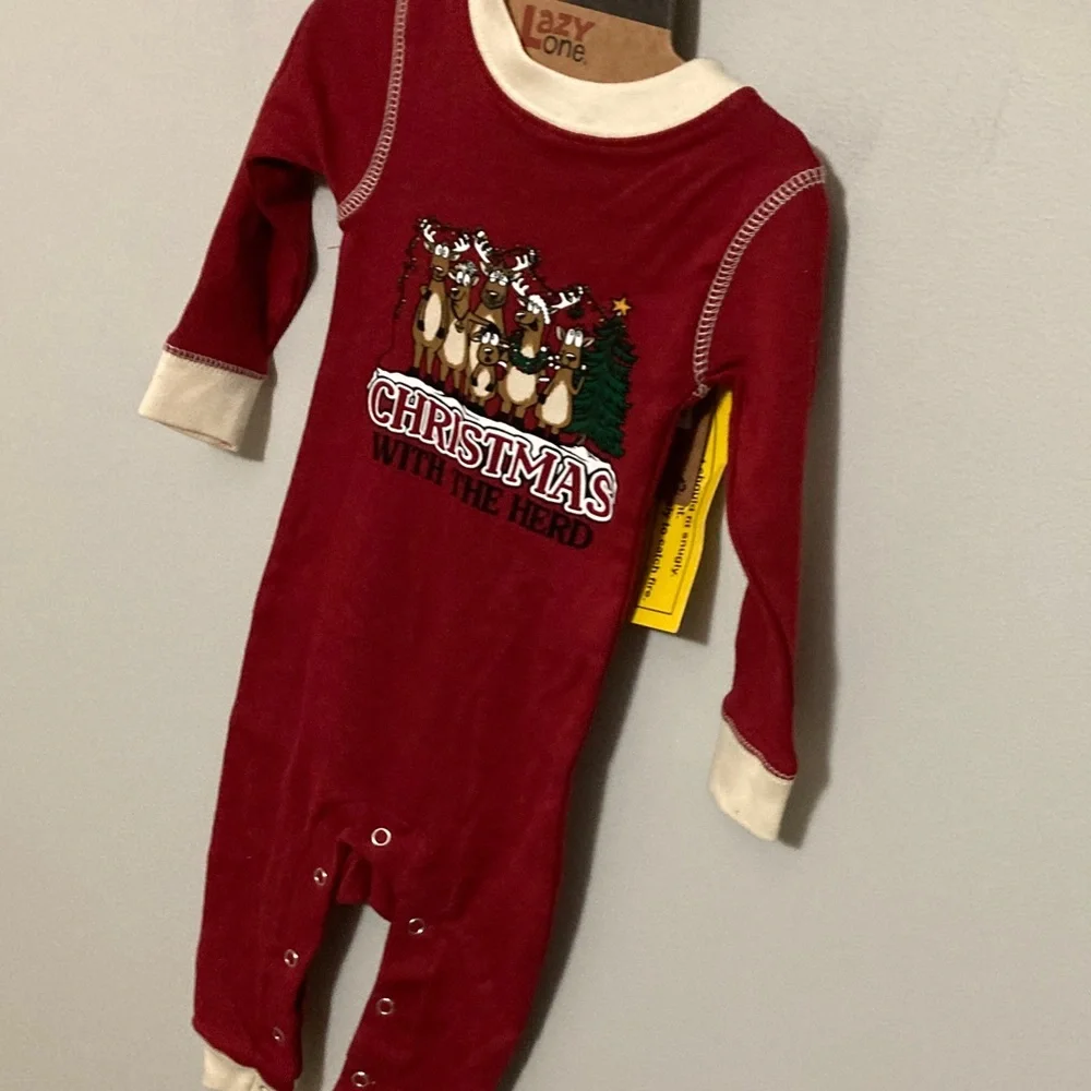 Lazy One 6 Month Christmas With the Herd Infant Union Suit Red Reindeer Pajamas